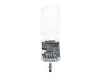 Bucha cinzentas 8x40 em uma caixa transparente aberta, com uma bucha separada abaixo.