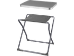 Folding table and stool: aluminum top, fabric seat.