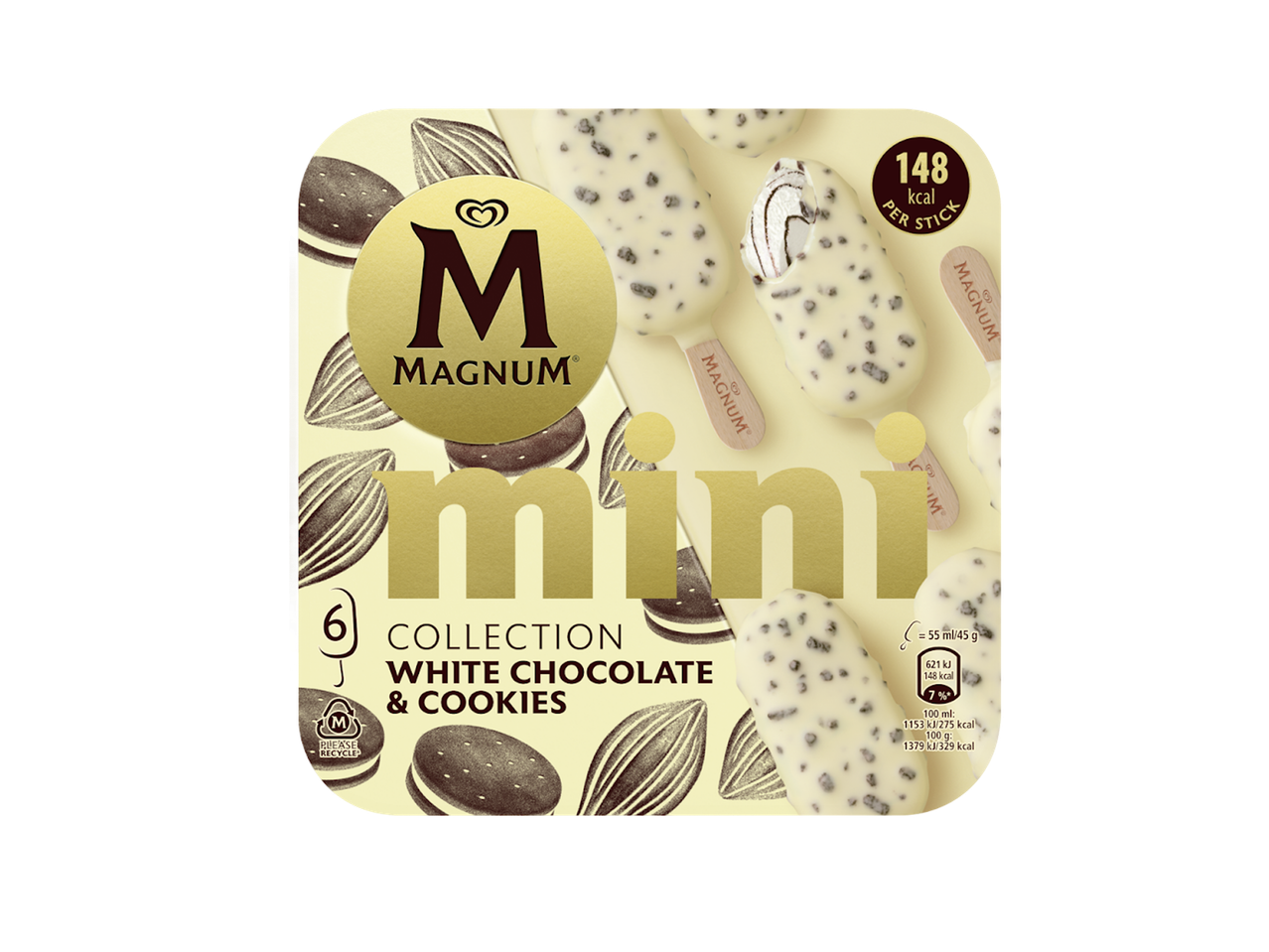 Embalagem de gelados mini de chocolate branco e bolachas, com 6 unidades e 148 kcal por gelado.