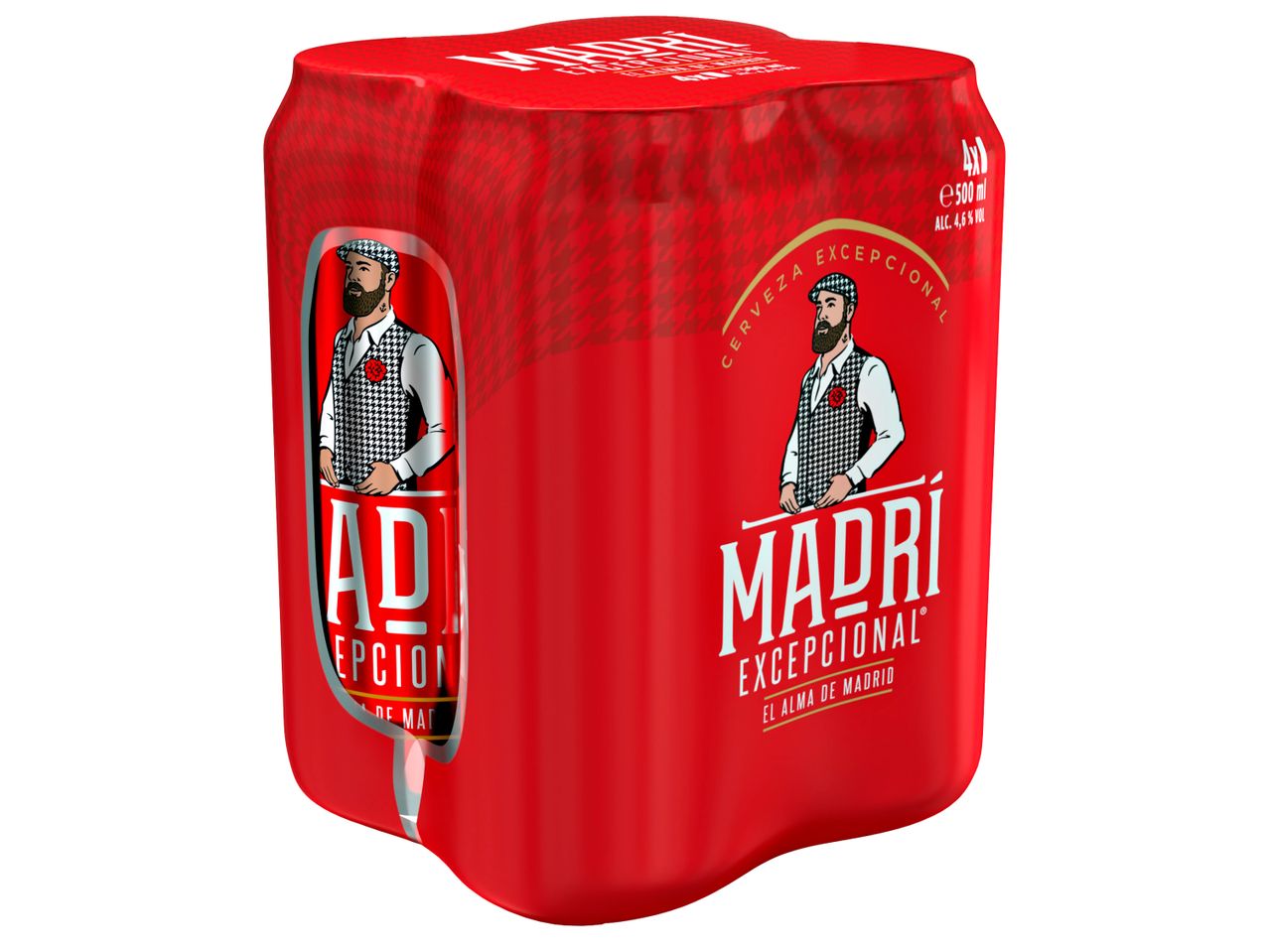 Опаковка от 4 червени кена бира с илюстрация на брадат мъж и надпис „Cerveza Excepcional“