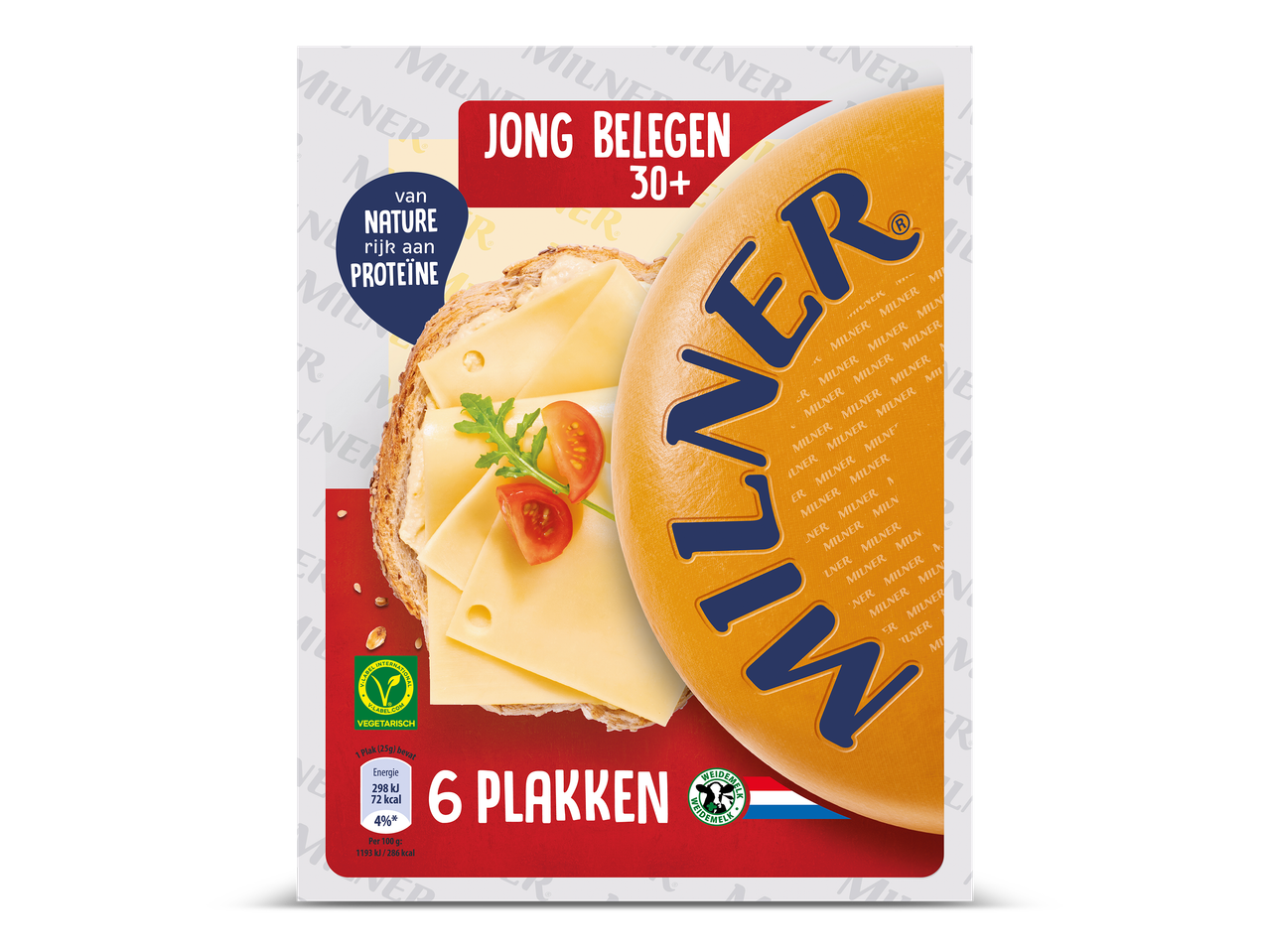 Jonge kaasplakken met een vegetarisch keurmerk en voedingsinformatie.
