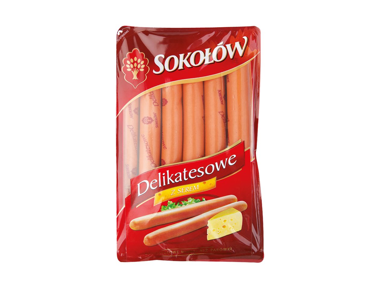 Pack of sausages with cheese, featuring two sausages and a cheese wedge on the label.