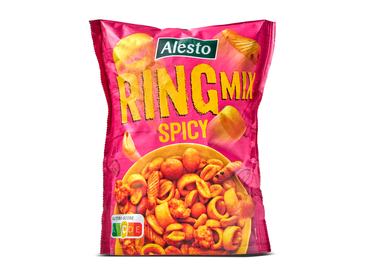 Roze zak met pittige ringmix snacks en Nutri-Score C.