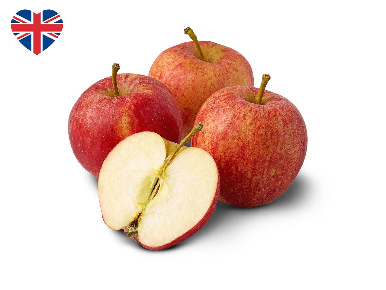 Three whole and one halved red apples with a heart-shaped Union Jack flag.