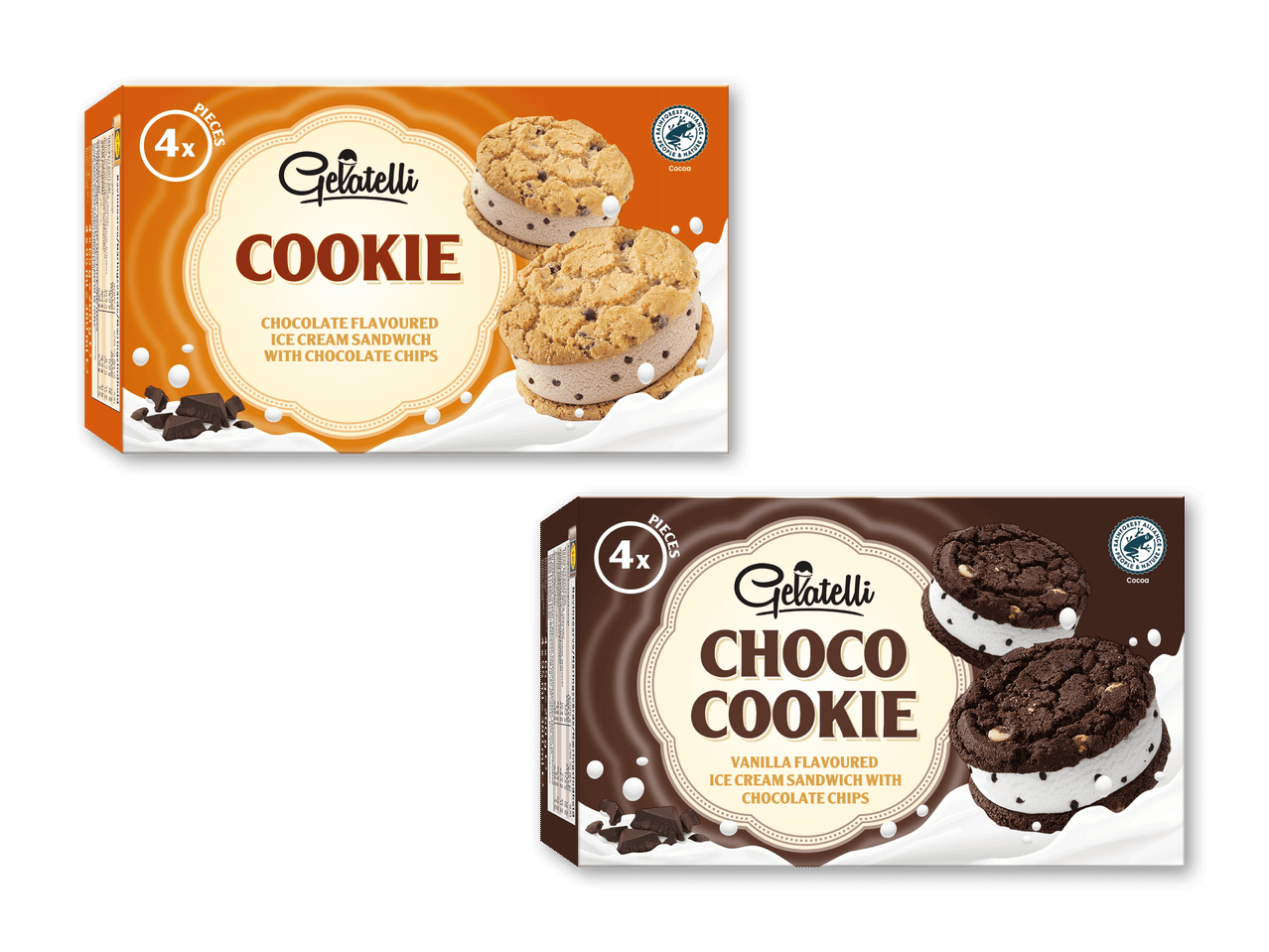 To pakker is-sandwich: en med chokolade-cookies og chokoladeis, en med chokolade-cookies og vaniljeis.