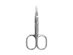 Sølvfarvet neglesaks med spidse blade og fingerhuller.