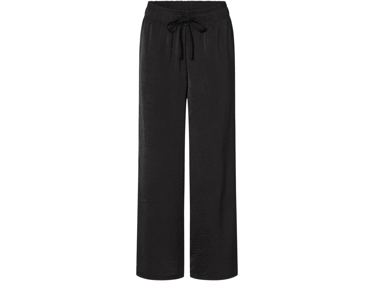 Черни сатенени панталони с широк крачол и връзка на талията.