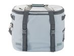 A gray soft-sided cooler bag with shoulder straps.
