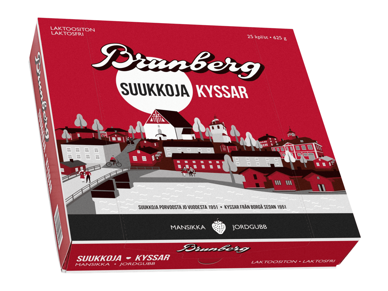 Punainen laatikko, jossa on kuvitus Porvoon vanhastakaupungista ja tekstiä suklaasuukoista.