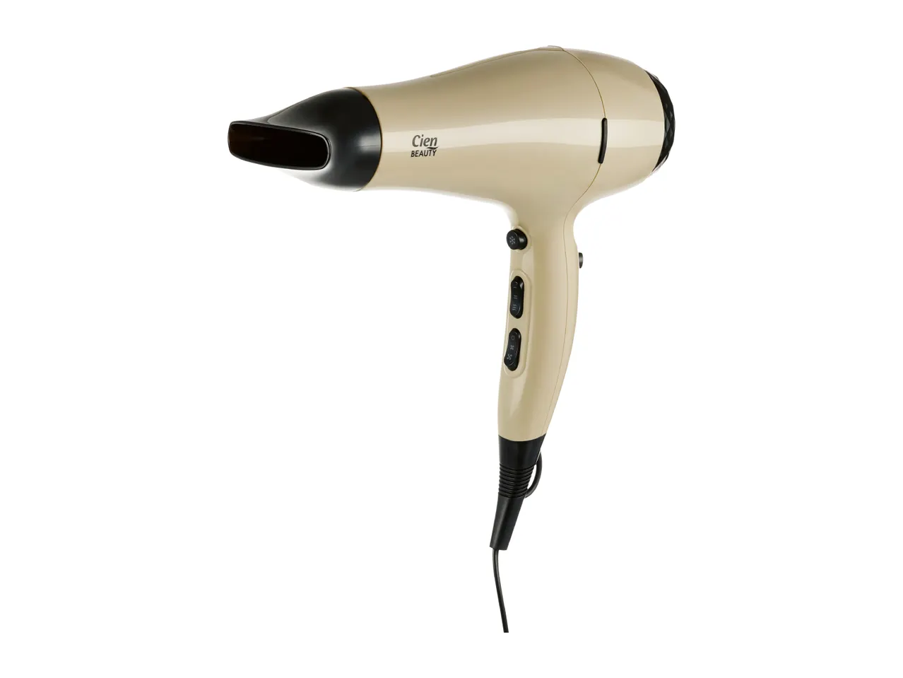 A beige hair dryer with black accents and controls, featuring the brand name 'Cien Beauty'.
