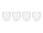 Four clear double-walled glass cups arranged in a row on a white background.