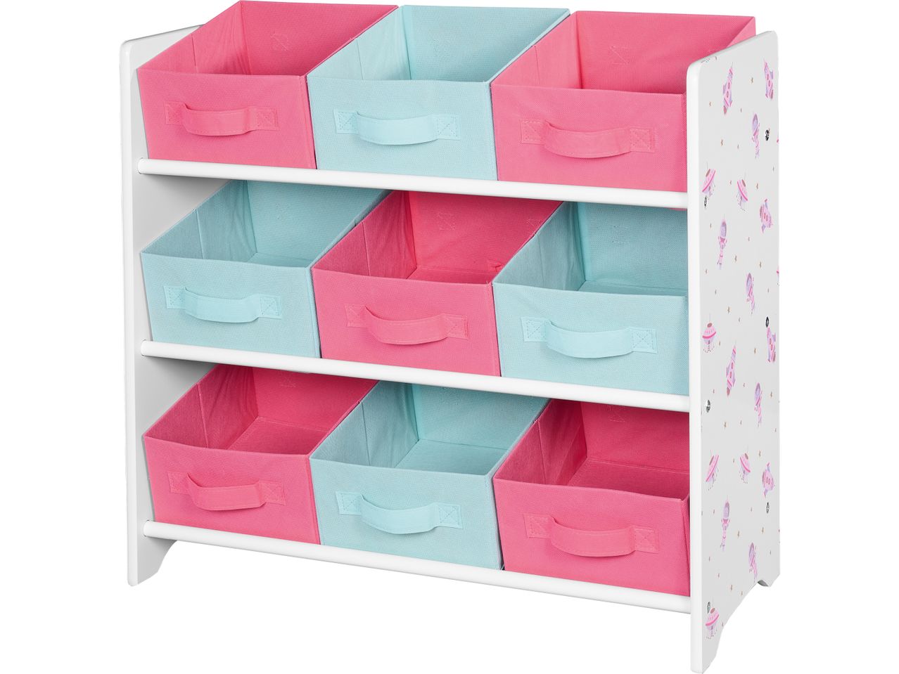 A white kids'storage unit with pink and teal fabric bins, featuring a space-themed design.