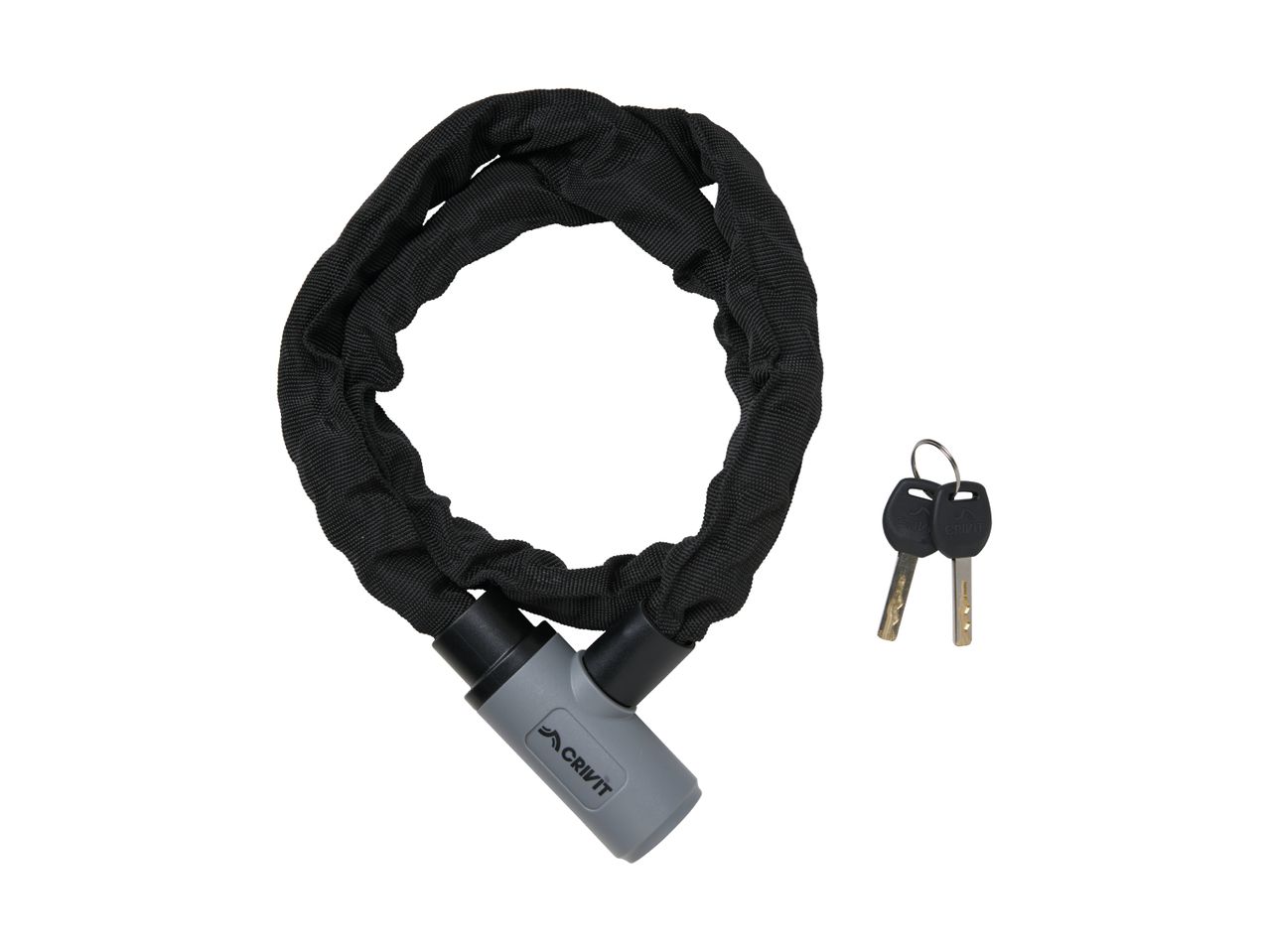 Black bicycle chain lock with a grey locking mechanism and two keys.