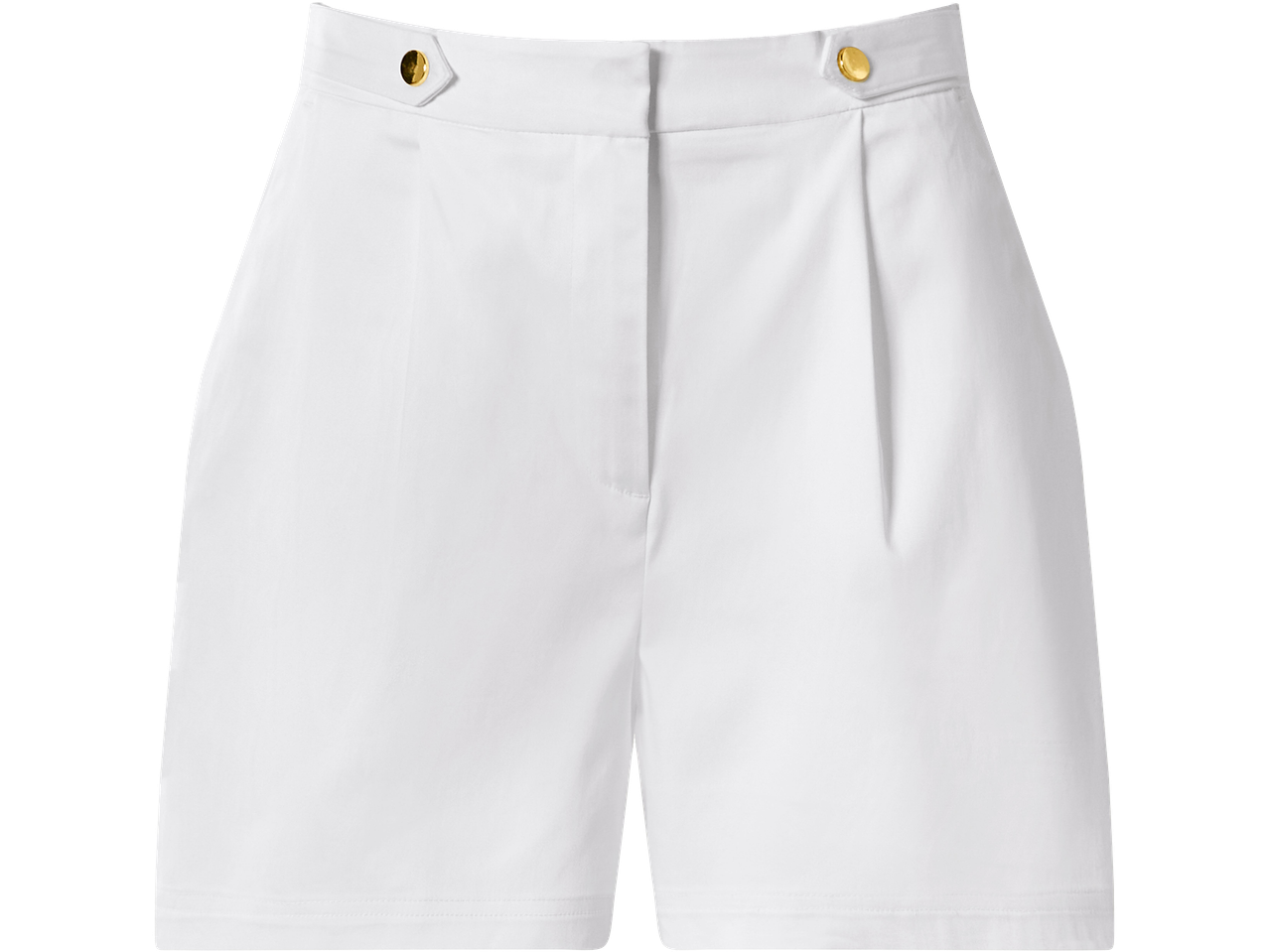 Fehér, pliszírozott rövidnadrág arany gombokkal a derékrészen.