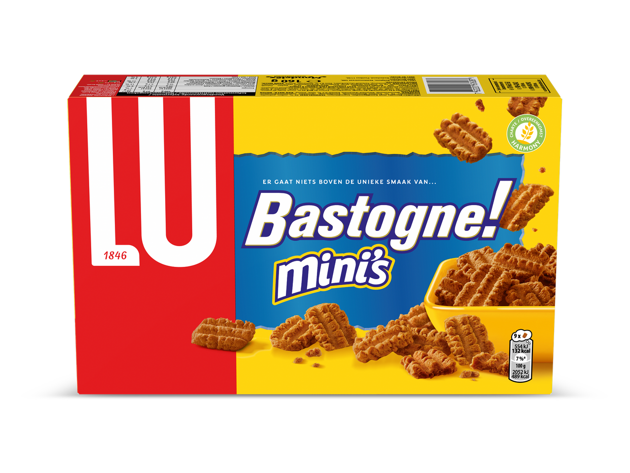 Een verpakking mini-speculaaskoekjes met een afbeelding van de koekjes in een schaaltje.