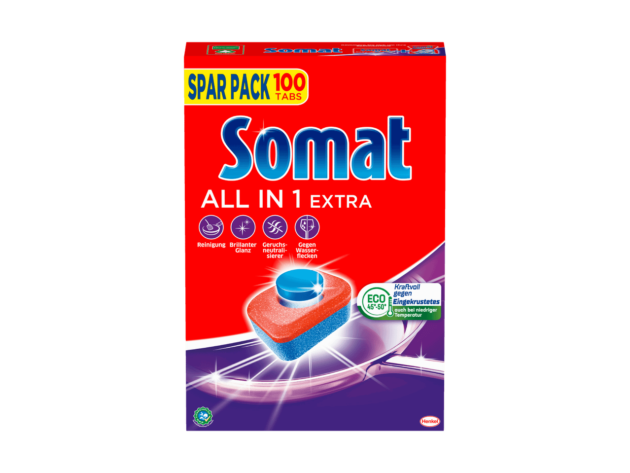 Eine rote Verpackung von Somat All in 1 Extra Geschirrspültabs.