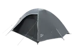 Grey dome tent with an open entrance, showing the dark interior.
