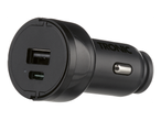 Черен адаптер за кола с два USB порта, един тип A и един тип C.