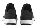 Pair of black athletic shoes with white soles, seen from the back.