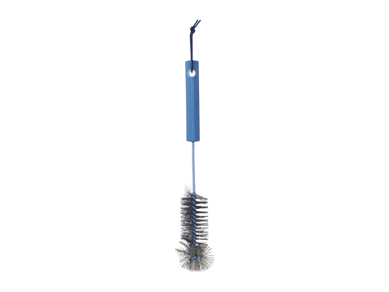 Blue bottle brush with a ribbed handle and a loop for hanging.