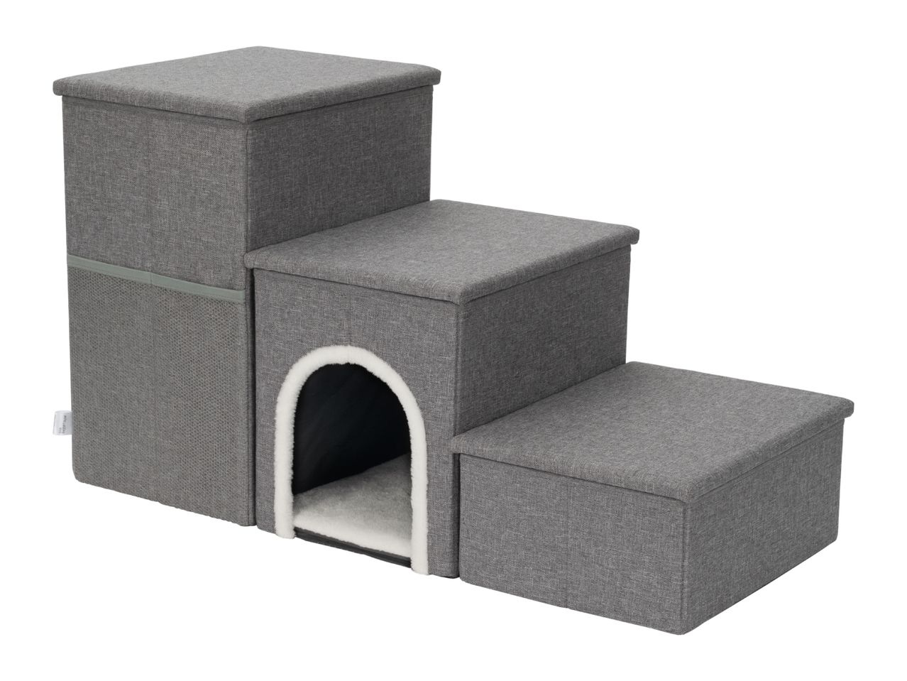 Three-step grey fabric pet stairs with a built-in cat cave