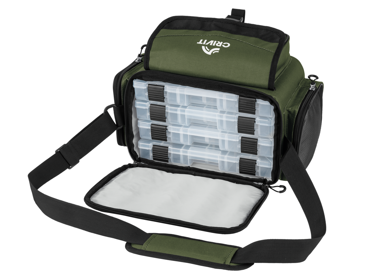 Geantă de pescuit CRIVIT verde, deschisă, cu patru cutii transparente pentru accesorii
