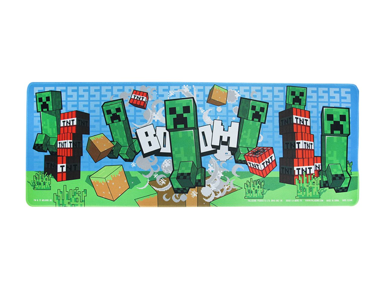 En musemåtte med Minecraft-tema, der viser creepers, TNT-blokke og ordet 'BOOM'.