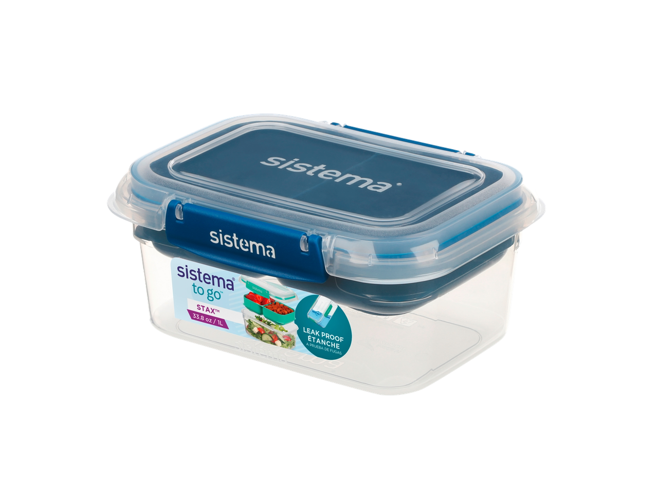 Sistema Stax pietų dėžutė su mėlynu dangteliu ir spaustukais, 1L