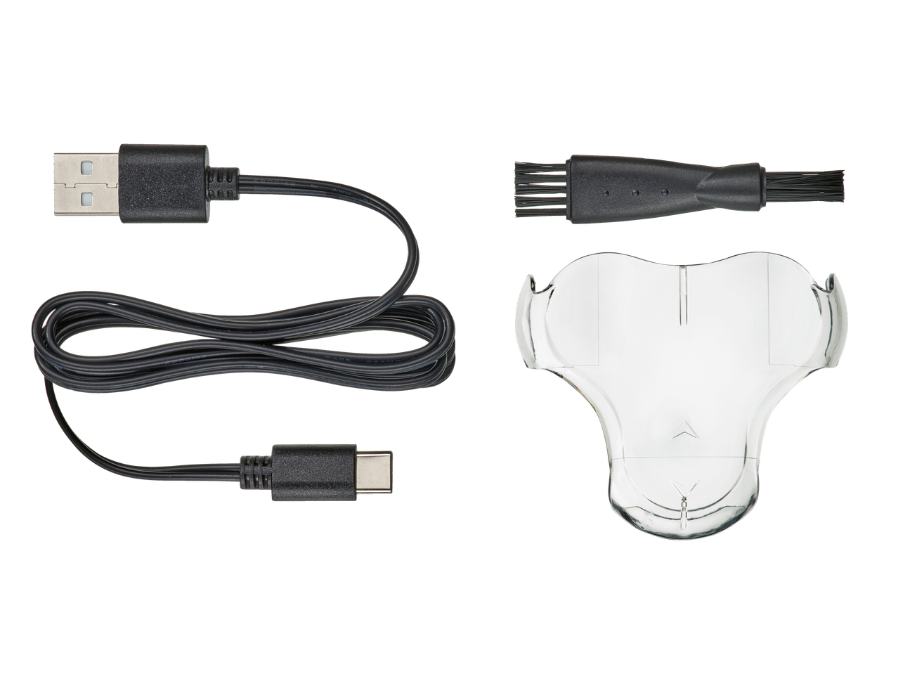 Acessórios para máquina de barbear elétrica: cabo USB, escova de limpeza e base de carregamento.