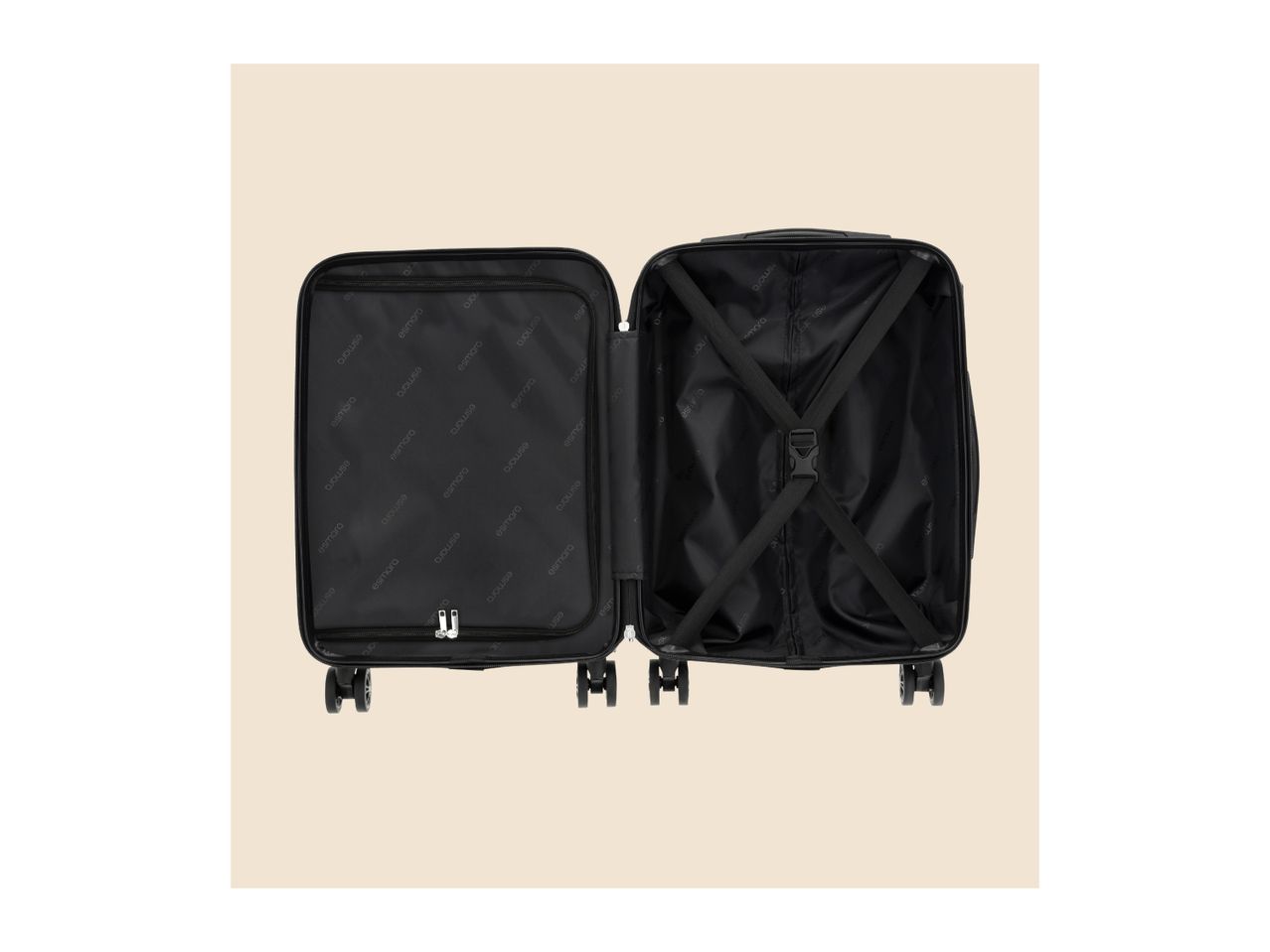 Open black suitcase with interior compartments and straps, featuring a repeating pattern.