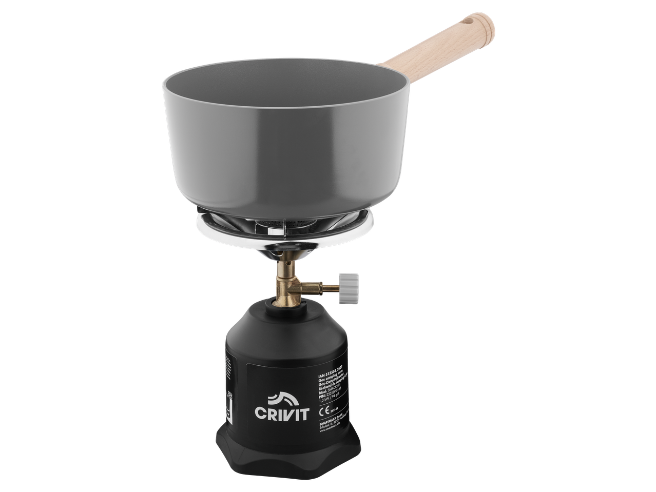 A grey cooking pot with a wooden handle on a black gas camping stove.
