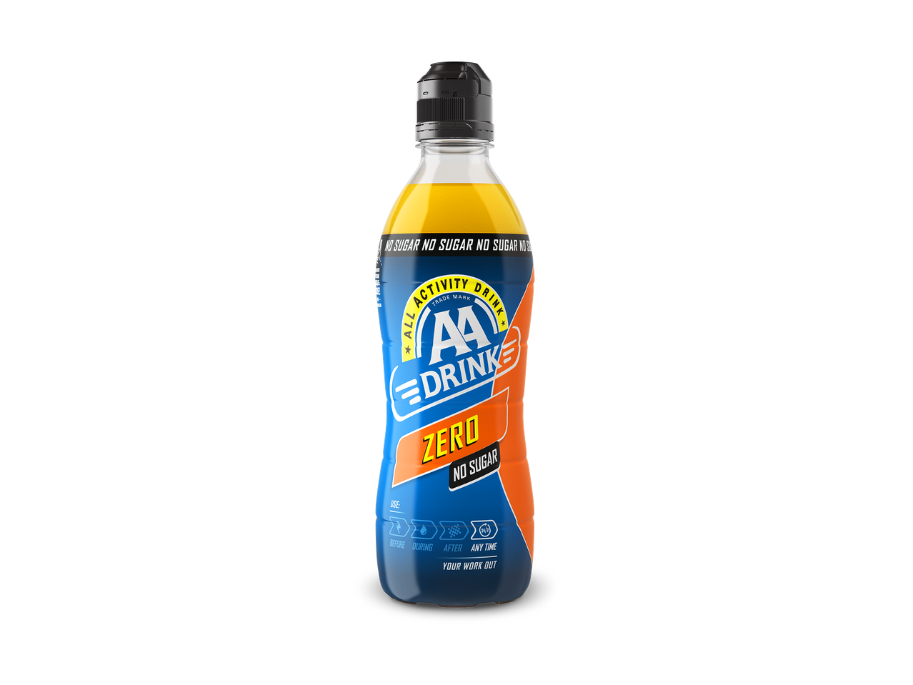 Een fles suikervrije sportdrank met de tekst 'ZERO NO SUGAR' en gebruiksinstructies.