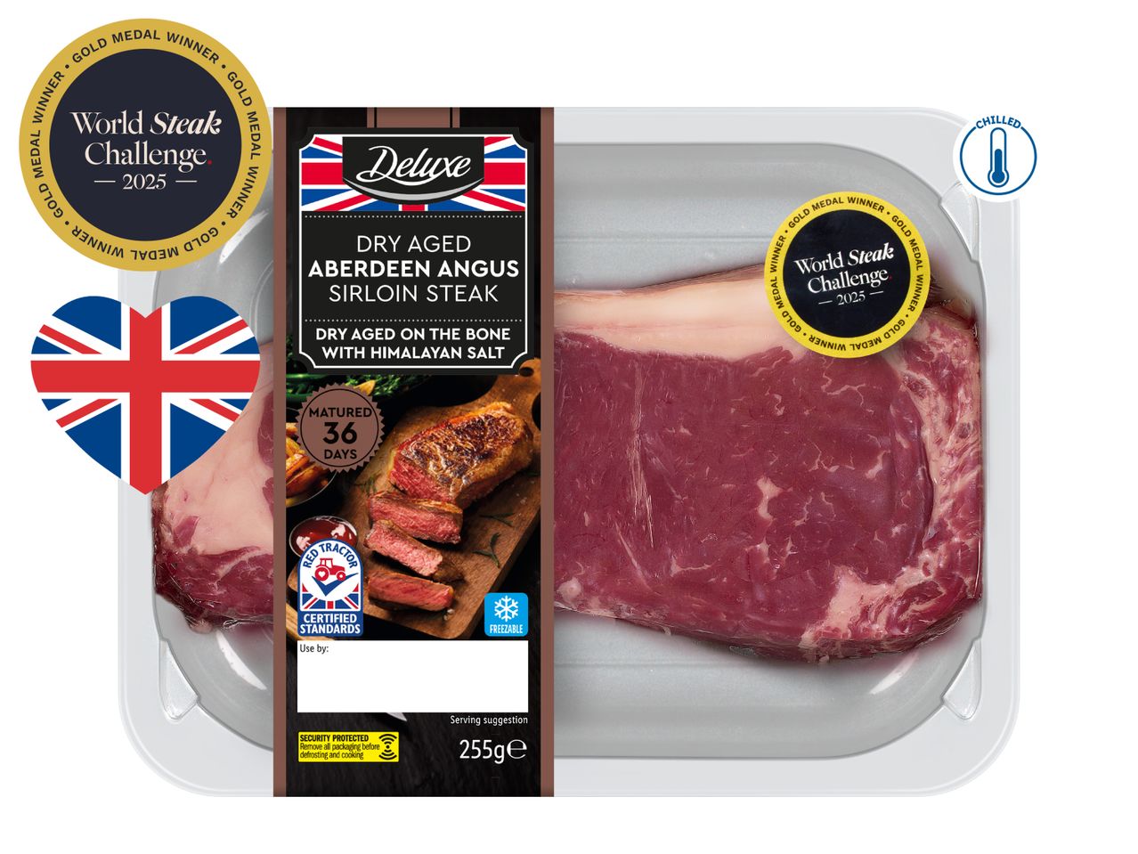 Dry-aged Aberdeen Angus sirloin steak, 255g, with a 'World Steak Challenge 2025 Gold Medal Winner' label.