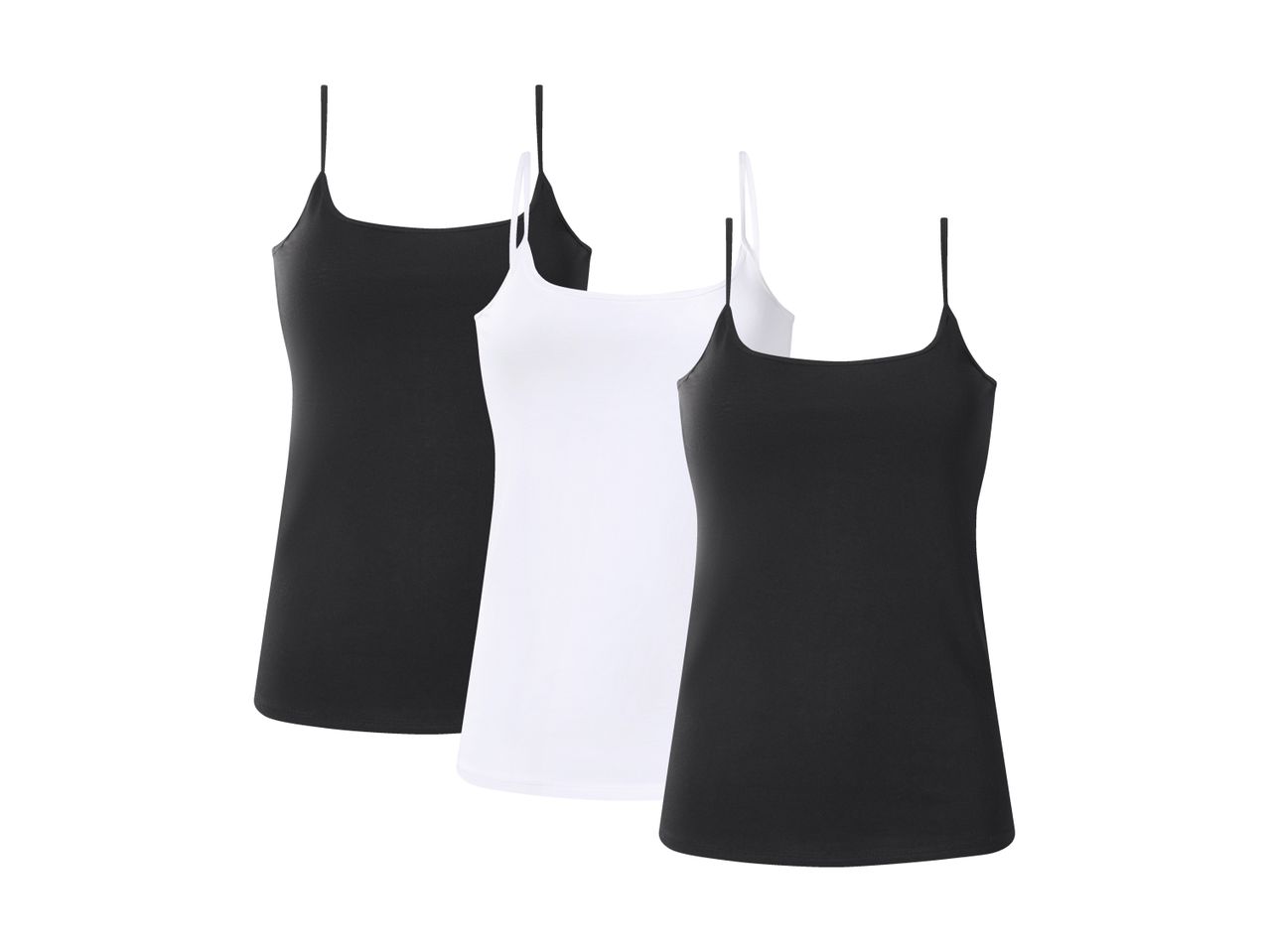Three women's camisole tops, two black and one white, arranged diagonally.
