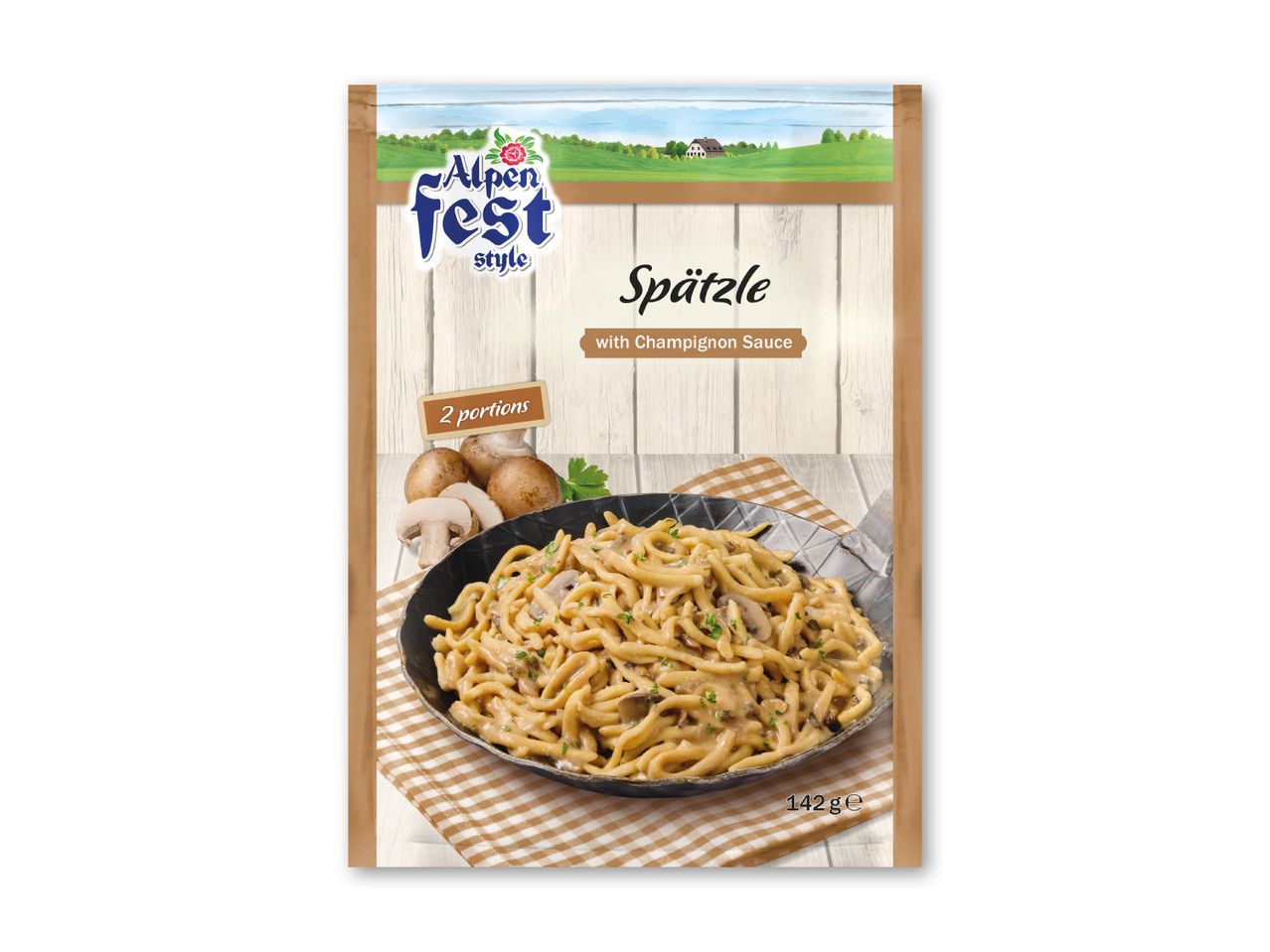 Spätzle med champignonsovs i en pande, med 2 portioner og 142g angivet på pakken.