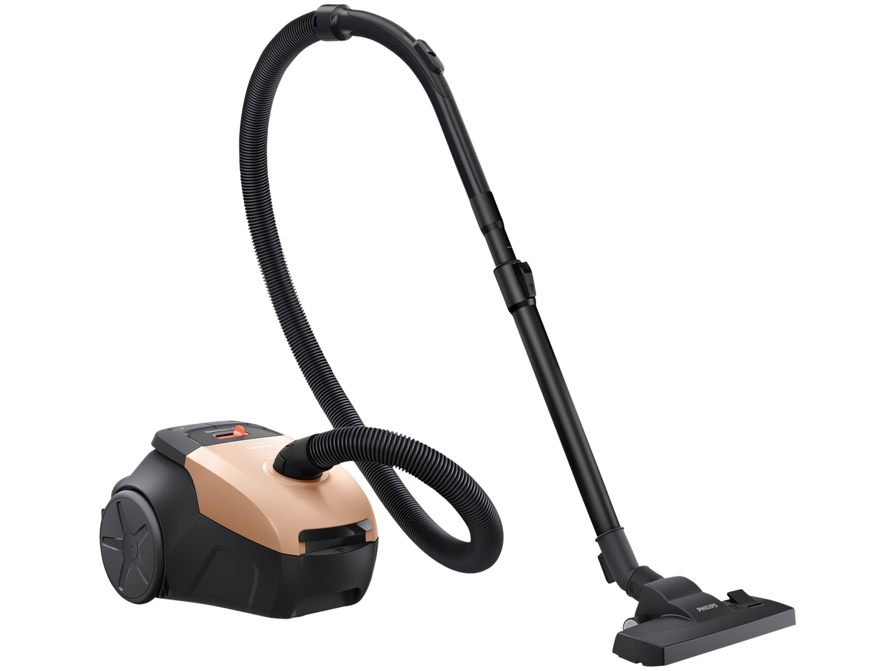Philips Bagged Vacuum Cleaner in black and rose gold with hose and floor nozzle.