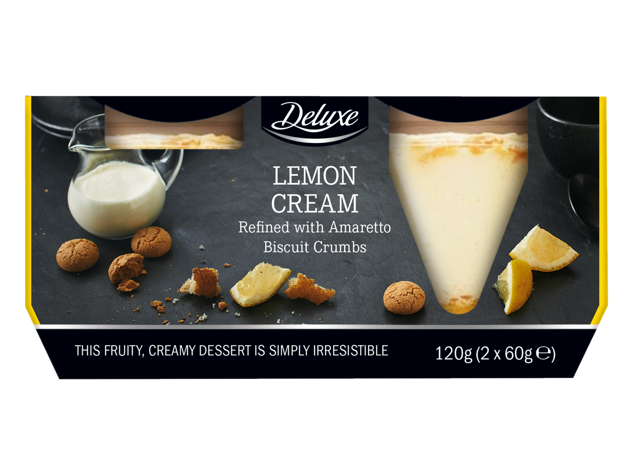 Deluxe citrinų kreminis desertas su Amaretto sausainių trupiniais.