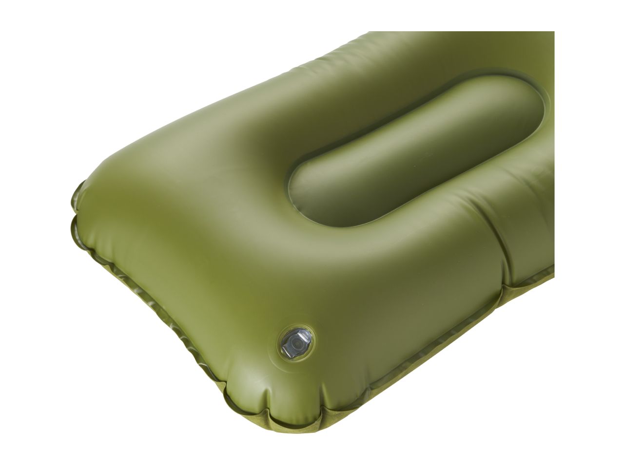 Close-up of an olive green inflatable camping mat with a visible valve.