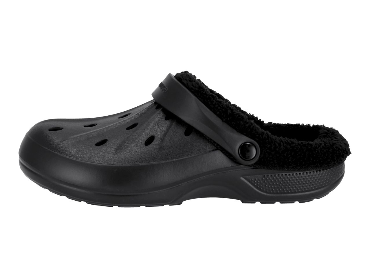 Black lined clogs with a textured sole and strap