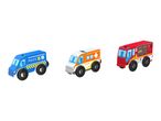 Three toy emergency vehicles: a blue police car, a white ambulance, and a red fire truck.