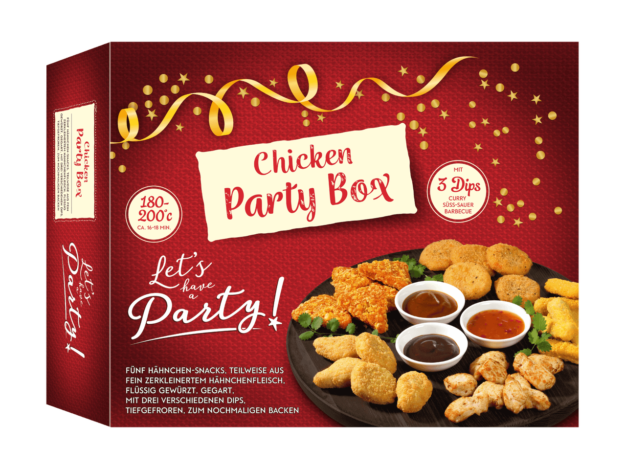 Chicken Party Box mit fünf Hähnchen-Snacks und drei Dips: Curry, Süß-Sauer, Barbecue.