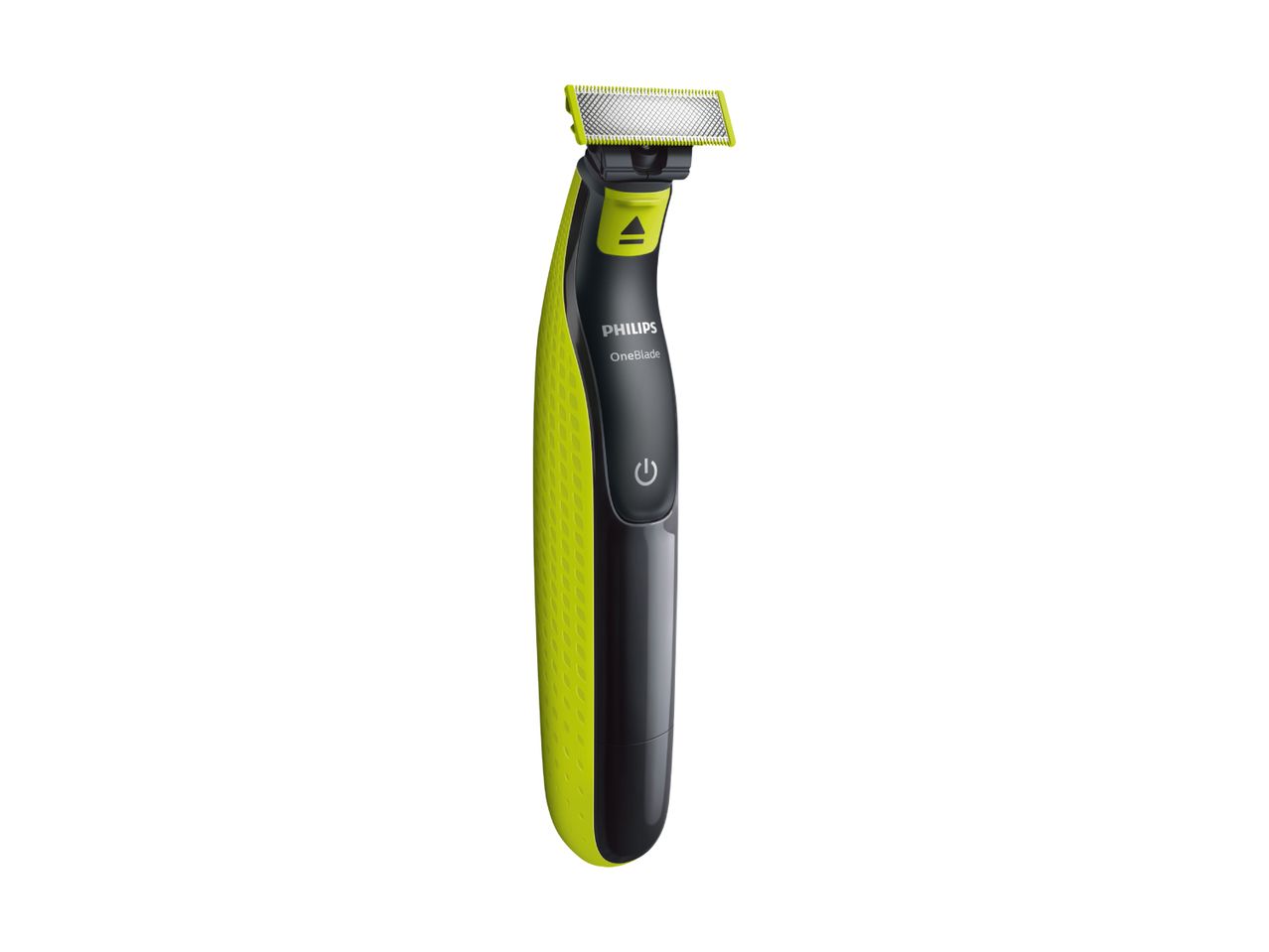Electric shaver with a lime green and black body, featuring a power button and a blade head.