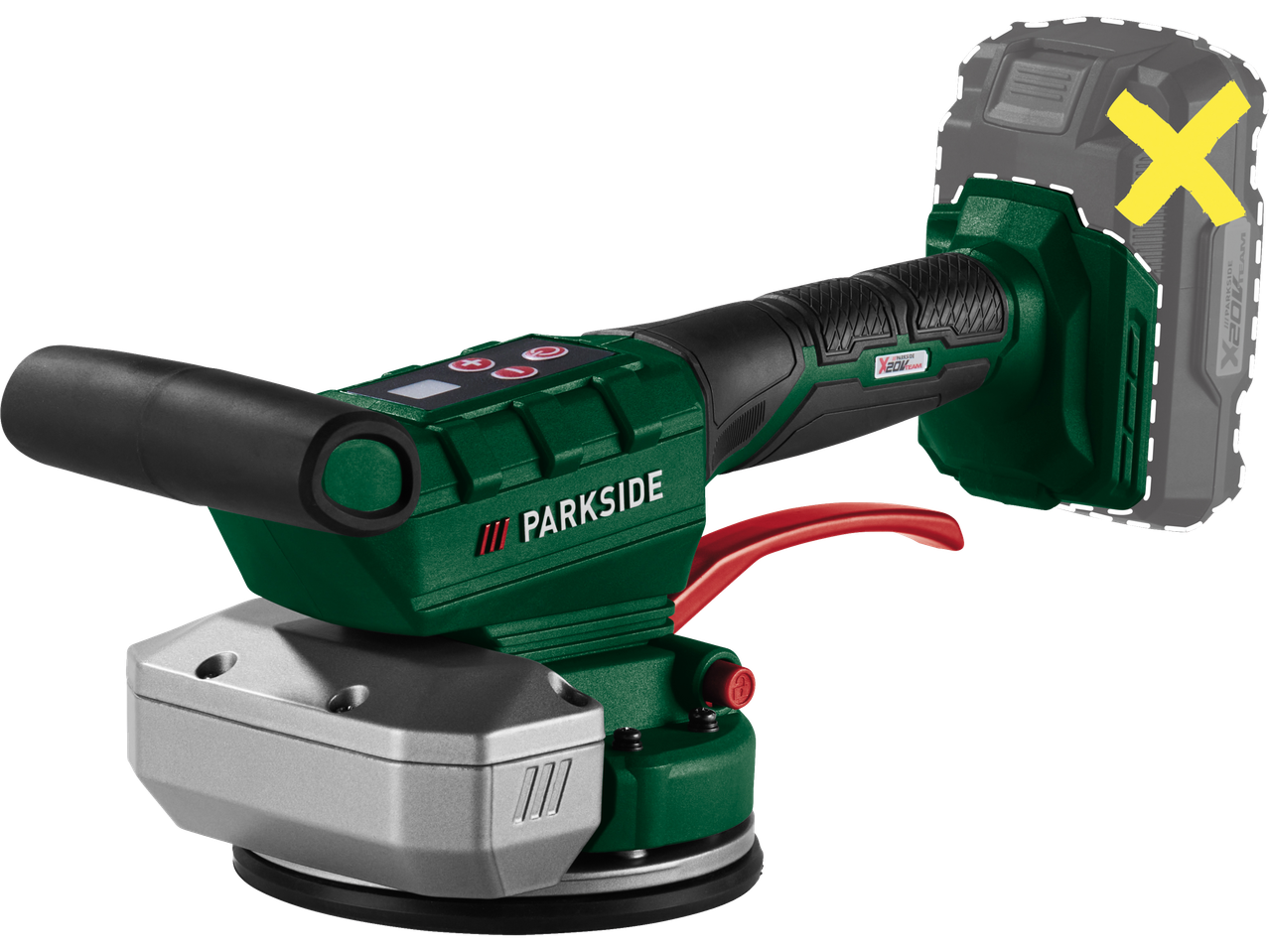 A 20V cordless tile vibrator with a gray battery pack, featuring a digital display and red buttons.