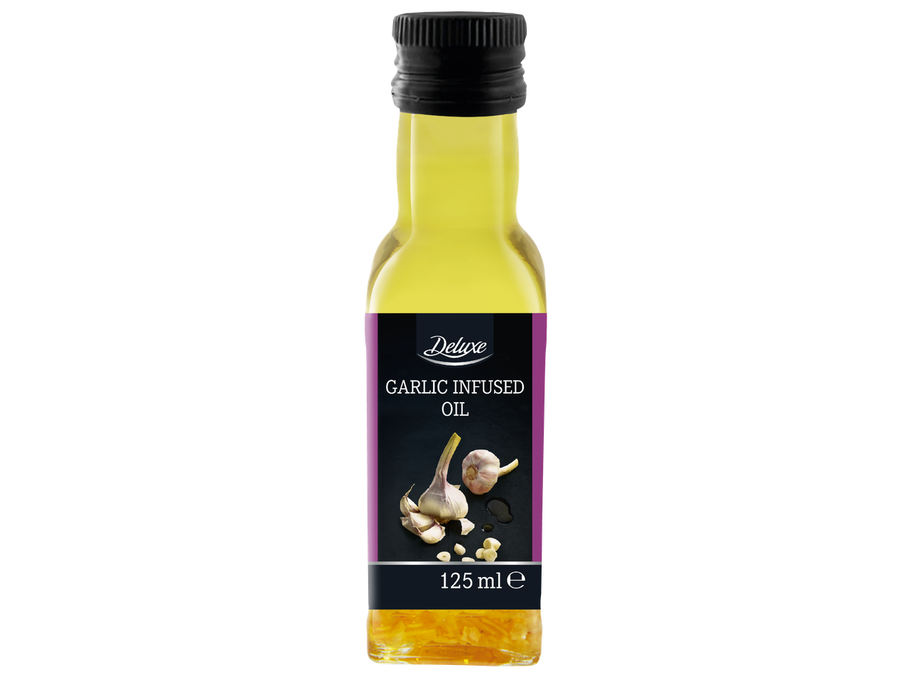 Бутилка олио с чесън, 125 мл, с етикет с чесън и надпис 'Garlic Infused Oil'