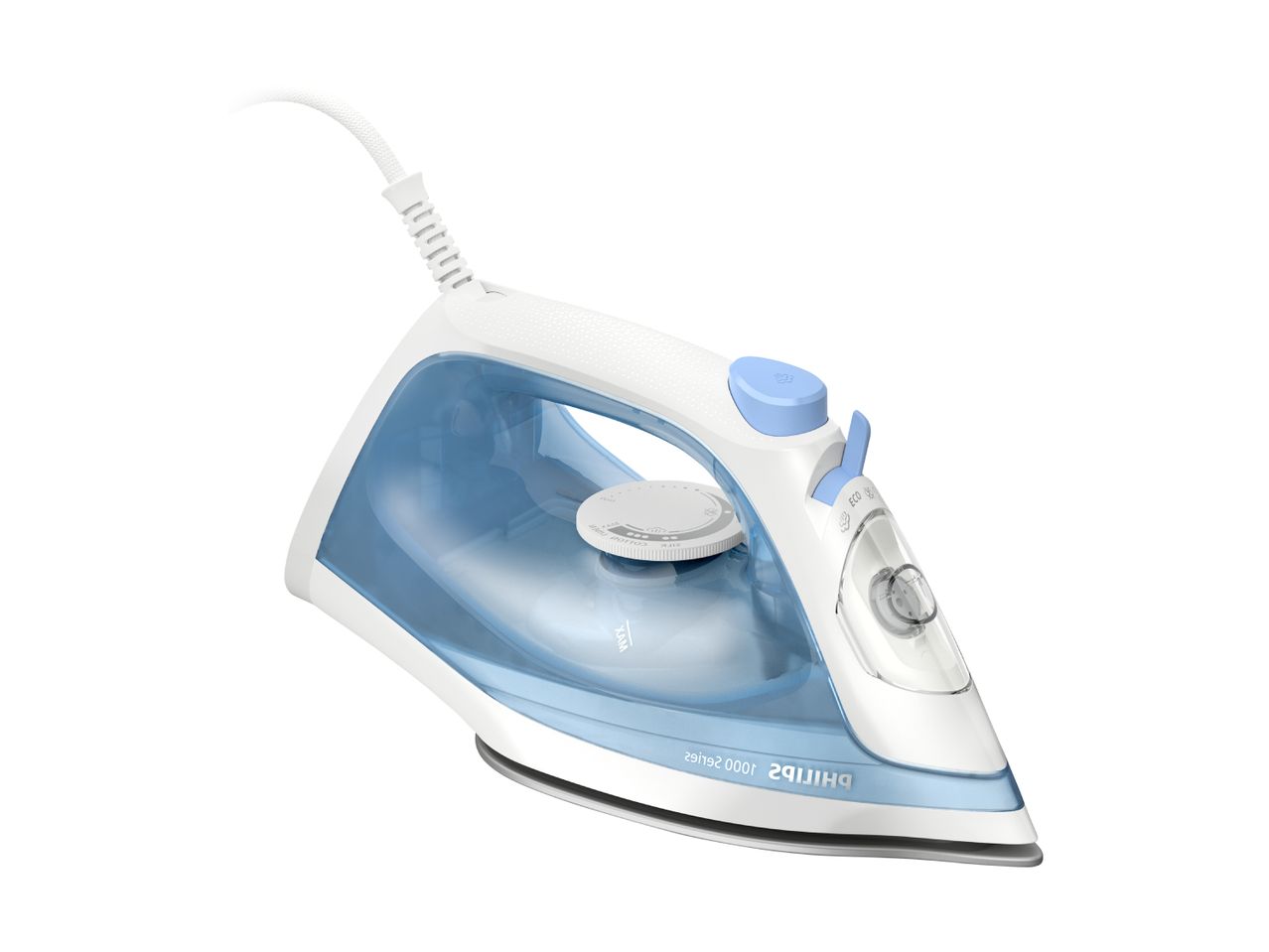 Et hvidt og blåt Philips 1000 Series dampstrygejern med en hvid ledning.