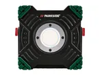 A black and green Parkside work light with a bright circular LED in the center.