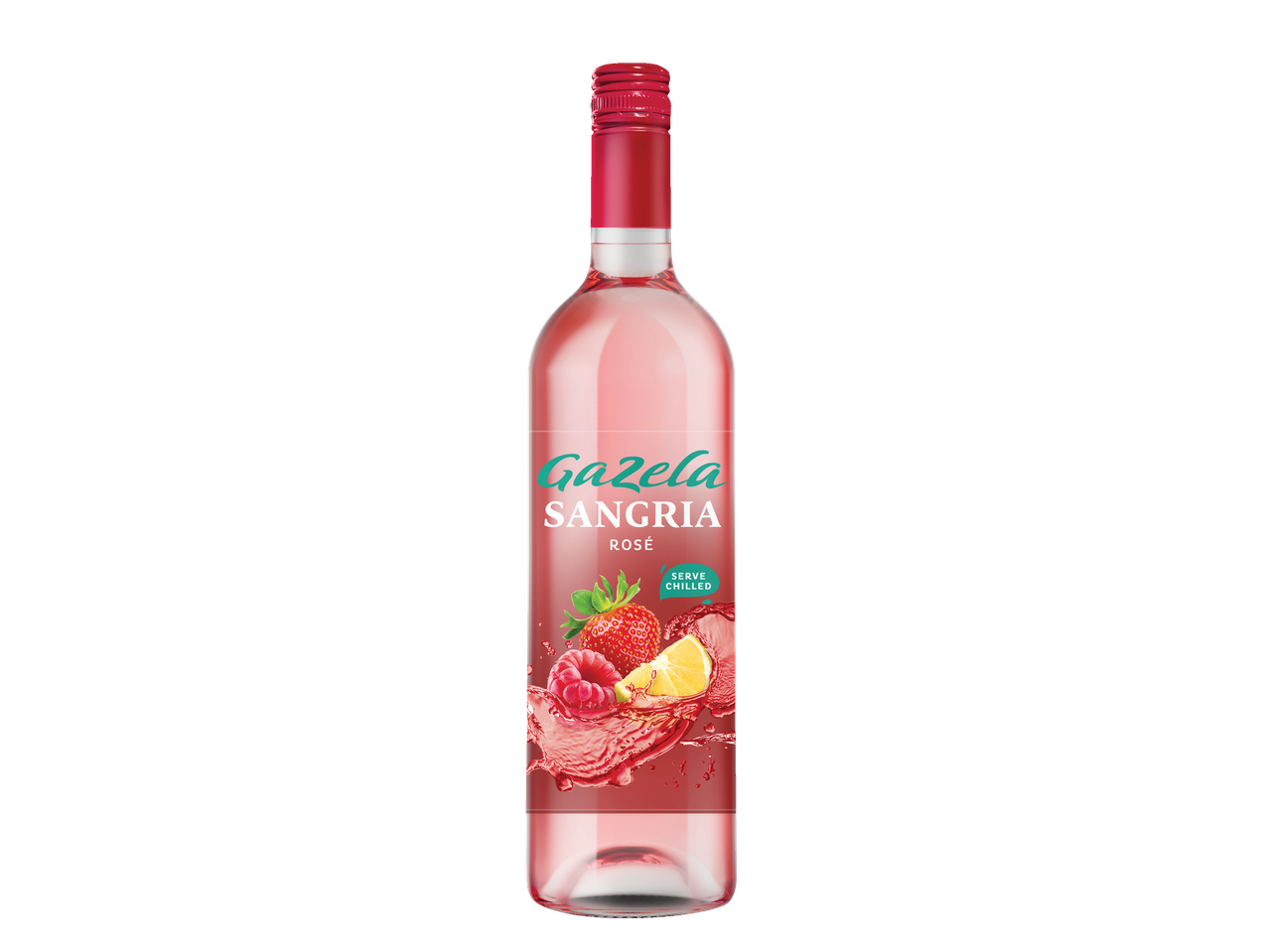 Garrafa de sangria rosé com morangos, framboesas e limão, com a indicação 'SERVE CHILLED'.