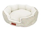 Cath Kidston pet bed in a sage green floral print with a cream faux fur interior.