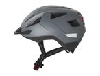 Grey bicycle helmet, side view.