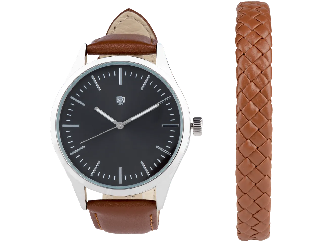 AURIOL® Watch and Jewellery Set with a silver watch and a brown braided bracelet.